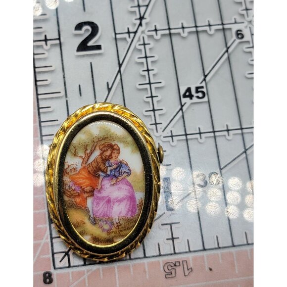 Limoges France Porcelain Brooch Antique Sisters Enamel Design Gold Tone Frame - Picture 5 of 8